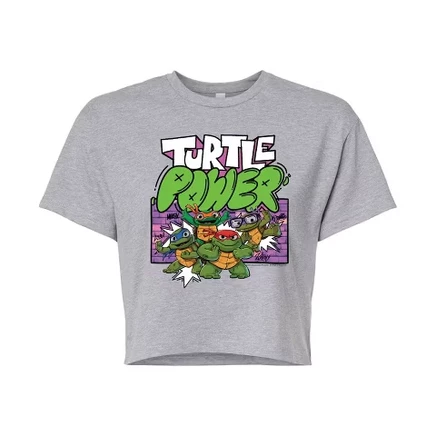 Women's -  Mutant Mayhem - Turtle Power Cropped Graphic T-Shirt heather grey