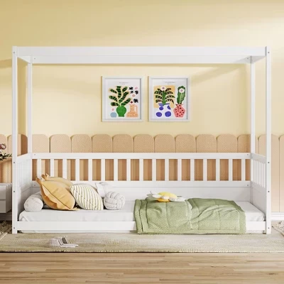 Four Poster Design Twin/Full Floor Bed Frame with Guardrails,Wooden Canopy Beds for Kids Room,Bedroom white