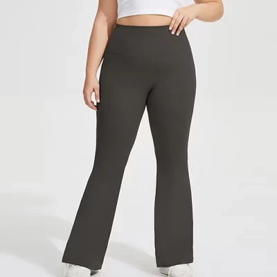 Anna-Kaci Women's Plus Size High Waist Flare Leggings with Wide Waistband Stretch Fit and Subtle Bootcut Silhouette khaki