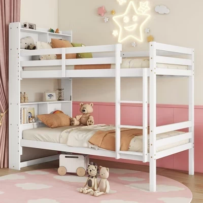 Съемная двухъярусная кровать Twin over Twin с полками в изголовье для детей и подростков, деревянный каркас двухъярусной кровати с лестницей и перилами, разделенный на 2 односпальные кровати белого цвета