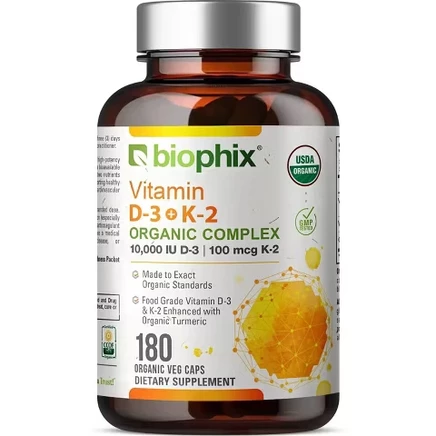 Biophix Органический витамин D-3 K2 с куркумой, 180 вегетарианских капсул | Для поддержания здоровья костей, сердечно-сосудистой системы и иммунитета