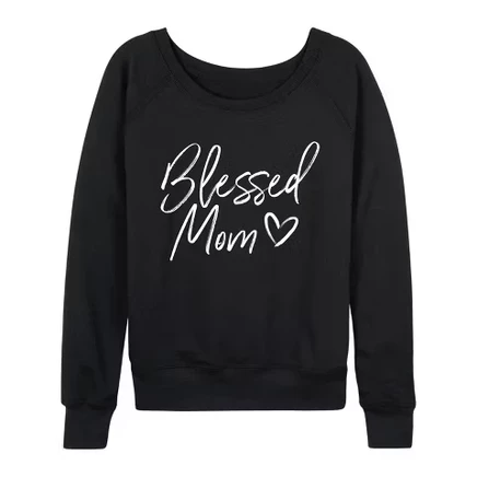 Женская рубашка Blessed Mom из легкого французского махрового материала с широким вырезом и длинным рукавом, черная с графическим рисунком.