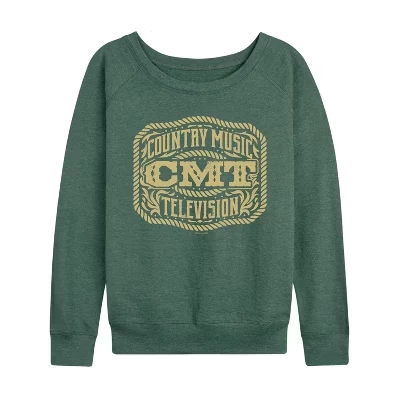 Women's -  - Belt Buckle Lightweight French Terry Wide Neck Long Sleeve Graphic Shirt heather juniper