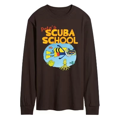 Мужская футболка Pete's Scuba School с длинным рукавом и графическим рисунком темно-коричневого цвета.