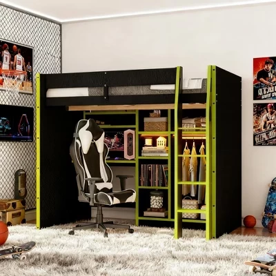 Игровая кровать-чердак с письменным столом, RGB-подсветкой и местом для хранения вещей, Полноразмерная компактная кровать для подростков и взрослых зеленого цвета