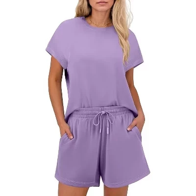 2 Piece Sets for Women Summer Crewneck Matching Shorts Lounge Set with Pockets Casual Travel Outfits lilac