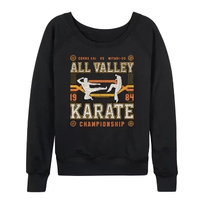 Женская футболка с рисунком чемпиона All Valley по каратэ, легкая махровая рубашка с широким вырезом и длинным рукавом, черная