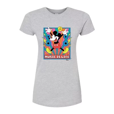 Женская приталенная футболка с рисунком Mickey Music Is Life серого цвета