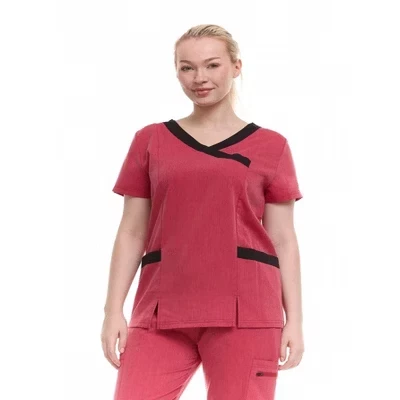 Современный женский топ-скраб HEAL+WEAR с контрастным V–образным вырезом - Стильная отделка цветными блоками, Приталенный крой, Эластичность в 4 стороны, Множество карманов