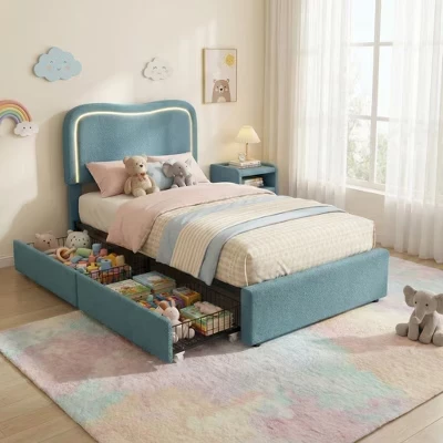 Каркас кровати Boucle Twin/Full/Queen-size с изголовьем и 2 ящиками для хранения вещей - Детская подростковая кровать-платформа синего цвета