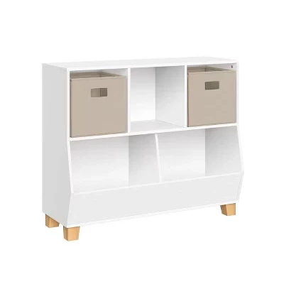 Детская игровая комната RiverRidge Kids' CatchAll Playroom 35-дюймовый органайзер для хранения игрушек с 3 ячейками и 2 отделениями для хранения белого цвета и 2 тканевыми корзинами темно-серого цвета