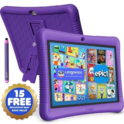 10-дюймовый детский планшет с технологией Epic! & Lingokids – Обучающий Android-планшет для детей от 3 до 12 лет, 32 ГБ, Родительский контроль, Защитный чехол фиолетового цвета