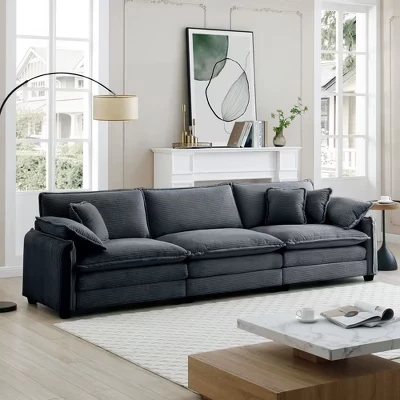 Современный 3-местный секционный диван Johnson Mid-Century Modern 115,34 дюйма, обитый деревом и вельветом, серый