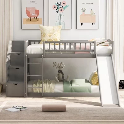 Детская двухъярусная кровать Twin over Twin с деревянным полом, двухъярусная кровать с горкой и лестницей для хранения вещей, серая