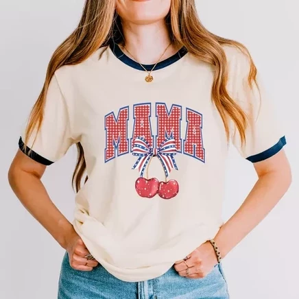 Патриотическая футболка Mama Cherries - женская винтажная темно-синяя футболка с рисунком Рингера