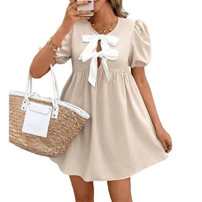 Женское миди-платье Babydoll с круглым вырезом и коротким рукавом и бантом спереди абрикосового цвета