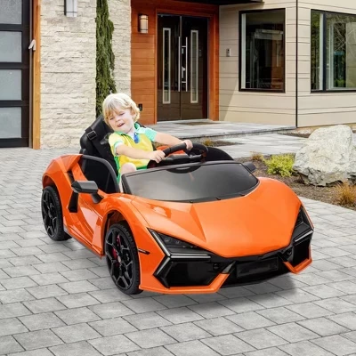 Детская поездка на автомобиле 12 В, Лицензионный Lamborghini Revuelto с дистанционным управлением, Игрушечный спортивный автомобиль на батарейках с двумя двигателями мощностью 25 Вт оранжевого цвета