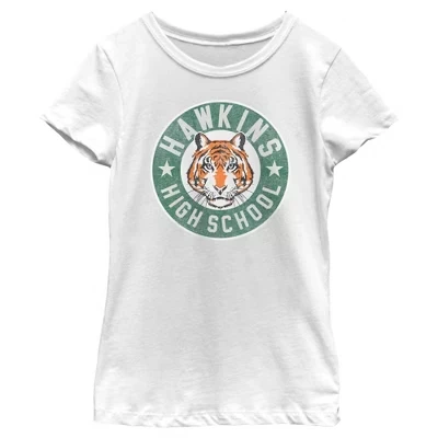 Женская футболка с изображением тигра-талисмана средней школы Хокинс в стиле ретро белого цвета