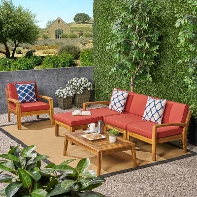 5-местный комплект мягких кресел Parma Patio с деревянными планками из акации и журнальным столиком красного цвета