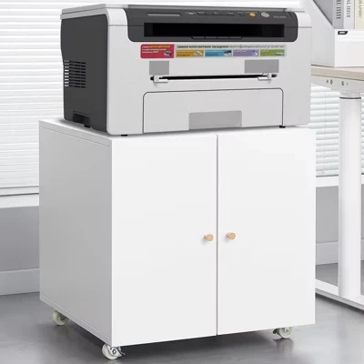 Printer Stand with Storage, 3D Heavy Duty Printer Table, Adjustable Shelf, Double-Door, on Wheels, Metal Fax Machine Table for Home Office white