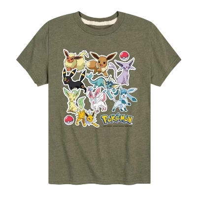 Футболка с короткими рукавами и графическими наклейками Eevee Evolution для мальчиков с изображением покемонов и зеленого цвета heather military