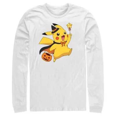 Мужская рубашка с длинным рукавом Halloween Pikachu Wizard белого цвета на Хэллоуин