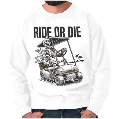 Забавная толстовка со скелетом гольф-кара Ride or Die для мужчин или женщин белого цвета