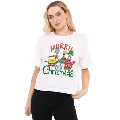 Женская укороченная футболка с надписью Spongebob Merry Christmas Group белого цвета