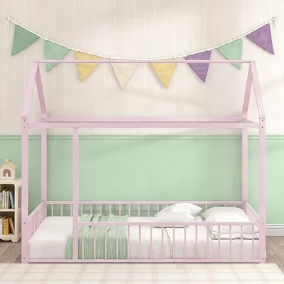 Full Size Metal House Bed Frame with Fence for Kids and Teens pink
