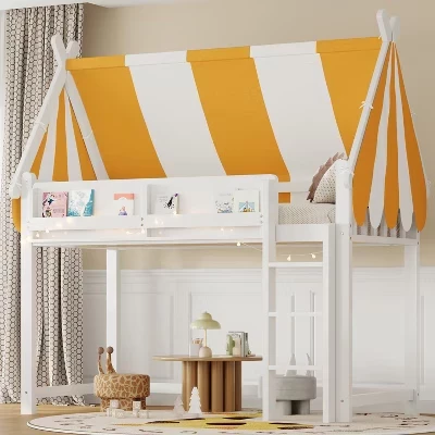 Twin/Full Size Loft Bed for Kids with Canopy, LED Lights & Book Shelf - white