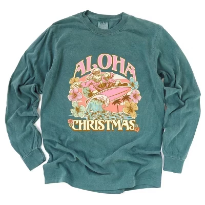 Aloha Christmas Surfing Santa - Женская одежда, окрашенная футболка с длинным рукавом и рисунком