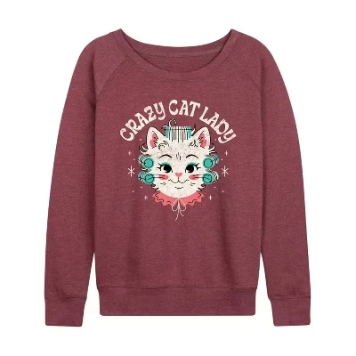 Женская рубашка Crazy Cat Lady из легкой французской махровой ткани с широким вырезом и длинным рукавом с графическим рисунком heather maroon