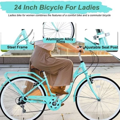 Велосипеды Ladies Beach Cruiser Bike, Передние и Задние V-образные тормоза, 7-скоростные велосипеды для поездок на работу, Женский Велосипед со Стальной рамой Для велосипедных упражнений синего цвета