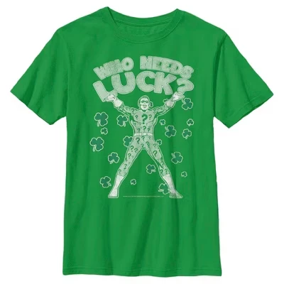 Boy's Batman St. Patrick's Day Riddler Who Needs Luck Distressed T-Shirt green