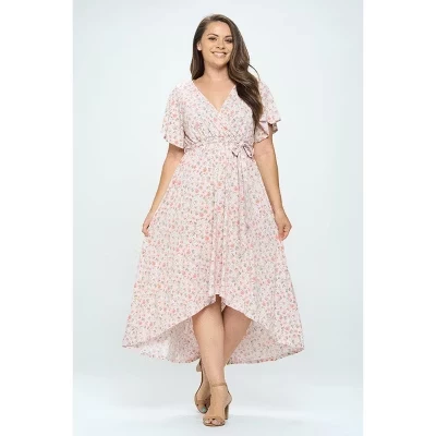Женское платье WEST K Womens Georgia Plus размера плюс с развевающимися рукавами и высоким низким подолом, розовое, с цветочным рисунком