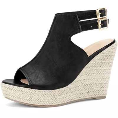 Женские босоножки на танкетке и высокой платформе с открытым носком и двойным ремешком на щиколотке, черные