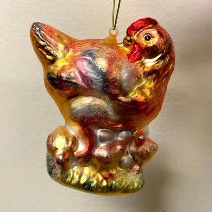 Chicken and Baby Chicks Glass Ornament|