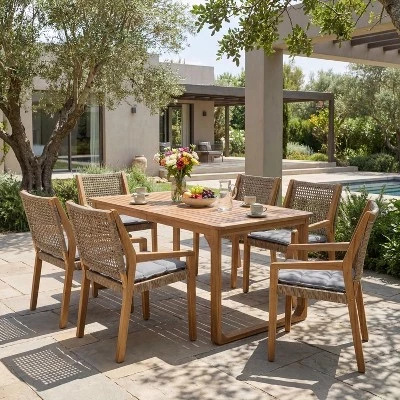 Обеденный гарнитур Emerson Outdoor Patio из дерева акации, состоящий из 7 предметов, с 6 плетеными стульями