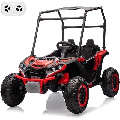 Детский внедорожник UTV 24V, электрический грузовик 4x4 с козырьком от солнца, пультом дистанционного управления, светодиодными фарами, амортизатором, звуковым сигналом и музыкальным плеером красного цвета