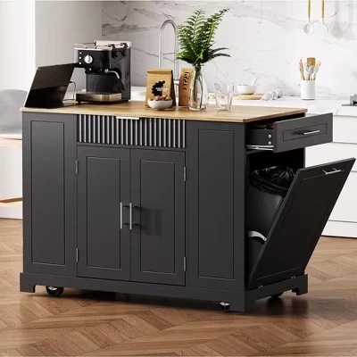 Rolling Black Wood Top 48.5 in. Kitchen Island Cart with Power Outlet, Tilt-out Trash Can, 3-Layer Open Shelves black