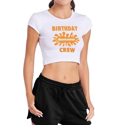 Women's  Birthday Crew Splat Cap Sleeve Baby Rib Crop Top white