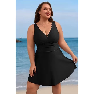 Women's Plus Size One Piece Swim Dress with Tummy Control & Adjustable Straps Full Coverage Swimsuit black