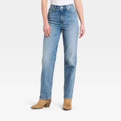 Женские винтажные прямые джинсы с высокой посадкой и украшениями - ™ Medium Wash