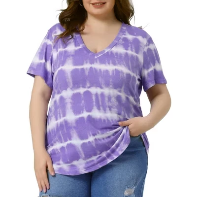 Повседневные футболки с V-образным вырезом и коротким рукавом в полоску Tie Dye Basic для женщин больших размеров - фиолетовый