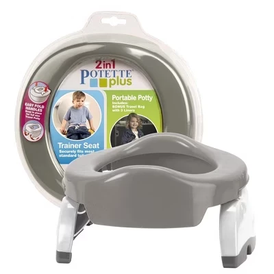 Дорожный горшок Potette Plus 2-в-1 и сиденье-тренажер, переносной детский горшок с фиксирующимися ножками и брызговиком серого цвета