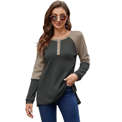 Женские рубашки с длинным рукавом, повседневные топы Henley, футболка свободного кроя, нарядные цветные блоки, женская туника с V-образным вырезом и пуговицами, блузка-туника зеленого цвета
