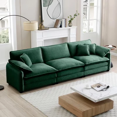 Современный 3-местный секционный диван Johnson Mid-Century Modern 115,34 дюйма, обитый деревом и вельветом, зеленый