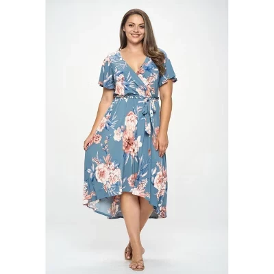 Женское платье WEST K Womens Georgia Plus размера плюс с развевающимися рукавами и высоким низким подолом синего цвета в цветочек
