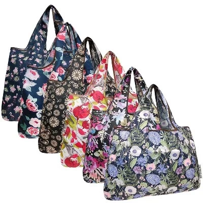 Большие складные нейлоновые многоразовые продуктовые сумки Tote, 6 упаковок ярких букетов