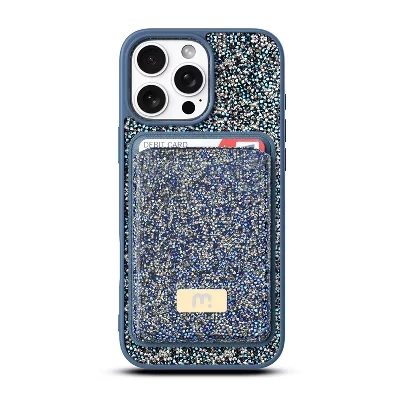 Комплект MagSafe серии MyBat Pro Bijou с бриллиантовым чехлом + кошелек MagStash для Apple iPhone 16 Pro Max blue